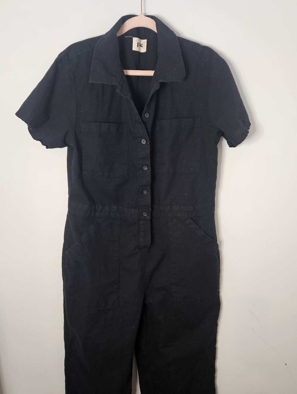 Black Short-Sleeve Utility Linen/Hemp  Jumpsuit